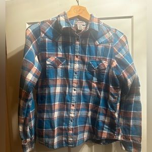 Wrangler flannel snap front extra large kids, turquoise tan plaid snap pockets